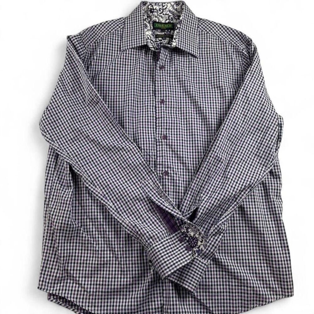 Inserch Men’s XXL Purple Gingham Button Up Shirt Paisley Trim Long Sleeve